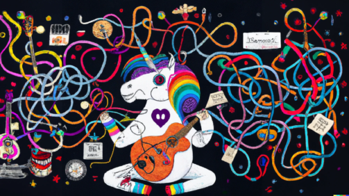 DALL·E 2023-02-14 12.41.37 - an image of a rockstar unicorn with multiple strings or threads connecting to different elements of their work, showcasing the diverse and interconnec